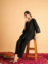Women's Black Embroidered A Line Top With Straight Pant