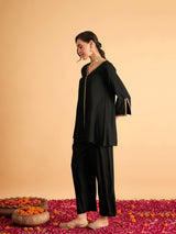 Women's Black Embroidered A Line Top With Straight Pant
