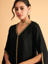 Women's Black Embroidered A Line Top With Straight Pant