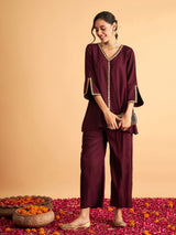 Women's Burgundy Embroidered A Line Top With Straight Pant