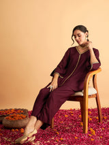 Women's Burgundy Embroidered A Line Top With Straight Pant