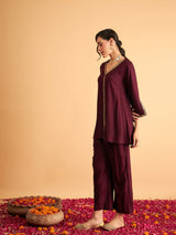 Women's Burgundy Embroidered A Line Top With Straight Pant