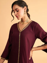 Women's Burgundy Embroidered A Line Top With Straight Pant