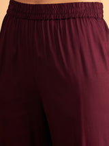 Women's Burgundy Embroidered A Line Top With Straight Pant