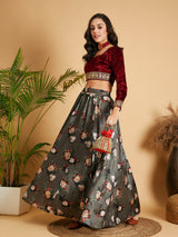 Women's Olive Floral Skirt With Maroon Velvet Full Sleeves Crop Top