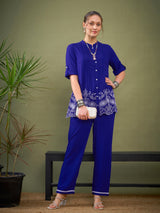 Women's Royal Blue Hem Embroidered Shirt With Palazzos