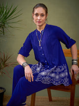 Women's Royal Blue Hem Embroidered Shirt With Palazzos