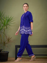 Women's Royal Blue Hem Embroidered Shirt With Palazzos