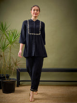 Women's Black Casual Regular Fit Three Quarter Sleeves Co-ords Set