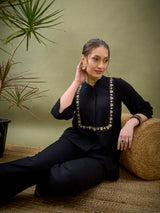 Women's Black Casual Regular Fit Three Quarter Sleeves Co-ords Set