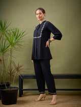 Women's Black Casual Regular Fit Three Quarter Sleeves Co-ords Set