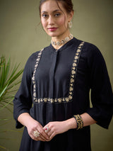 Women's Black Casual Regular Fit Three Quarter Sleeves Co-ords Set