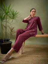 Women's Maroon All Over Embroidered Shirt With Palazzos