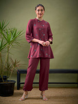 Women's Maroon All Over Embroidered Shirt With Palazzos