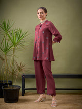 Women's Maroon All Over Embroidered Shirt With Palazzos