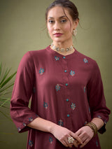 Women's Maroon All Over Embroidered Shirt With Palazzos