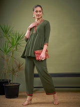 Women's Olive Casual Fit & Flared Three Quarter Sleeves Co-ords Set