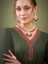 Women's Olive Casual Fit & Flared Three Quarter Sleeves Co-ords Set