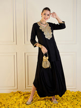 Women's Black Rayon Embroidered Short Kurta With Dhoti Skirt