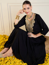 Women's Black Rayon Embroidered Short Kurta With Dhoti Skirt