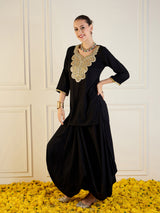 Women's Black Rayon Embroidered Short Kurta With Dhoti Skirt