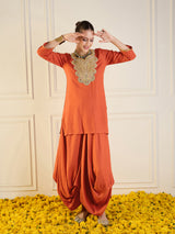 Women's Rust Rayon Embroidered Short Kurta With Dhoti Skirt