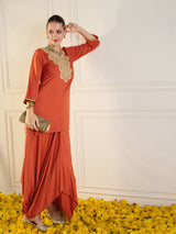 Women's Rust Rayon Embroidered Short Kurta With Dhoti Skirt
