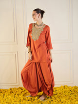 Women's Rust Rayon Embroidered Short Kurta With Dhoti Skirt