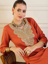 Women's Rust Rayon Embroidered Short Kurta With Dhoti Skirt