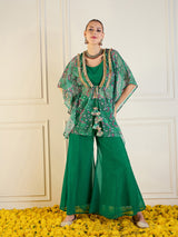 Women's Green Printed Cape With Flared Pant & Crop Top