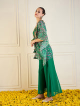 Women's Green Printed Cape With Flared Pant & Crop Top