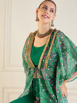 Women's Green Printed Cape With Flared Pant & Crop Top