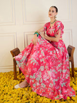 Women's Red Floral Anarkali Skirt With Crop Top