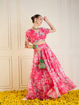 Women's Red Floral Anarkali Skirt With Crop Top