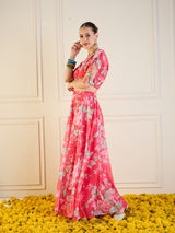 Women's Red Floral Anarkali Skirt With Crop Top