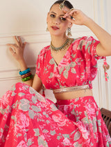 Women's Red Floral Anarkali Skirt With Crop Top