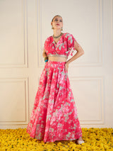 Women's Red Floral Anarkali Skirt With Crop Top