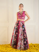 Women's Fuchsia & Black Floral Anarkali Skirt With Crop Top