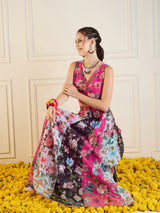 Women's Fuchsia & Black Floral Anarkali Skirt With Crop Top