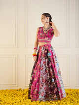 Women's Fuchsia & Black Floral Anarkali Skirt With Crop Top