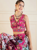 Women's Fuchsia & Black Floral Anarkali Skirt With Crop Top