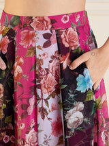 Women's Fuchsia & Black Floral Anarkali Skirt With Crop Top