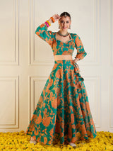 Women's Green & Mustard Floral Anarkali Skirt With Crop Top
