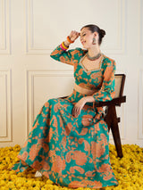 Women's Green & Mustard Floral Anarkali Skirt With Crop Top