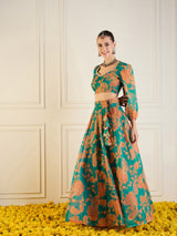 Women's Green & Mustard Floral Anarkali Skirt With Crop Top