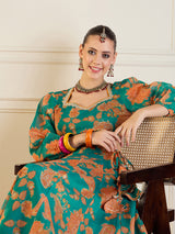 Women's Green & Mustard Floral Anarkali Skirt With Crop Top