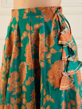 Women's Green & Mustard Floral Anarkali Skirt With Crop Top