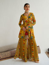 Women's Mustard Floral Peplum Top With Bais Flared Sharara