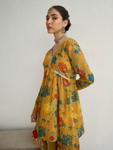 Women's Mustard Floral Peplum Top With Bais Flared Sharara