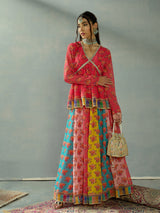 Women's Red Multi Color Peplum Top With Anarkali Skirt